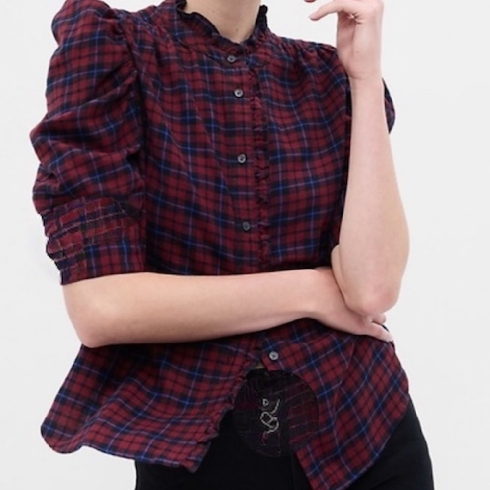 NEW GAP flannel Plaid buttons down shirt top Puff Sleeve Red and Blue XSMALL